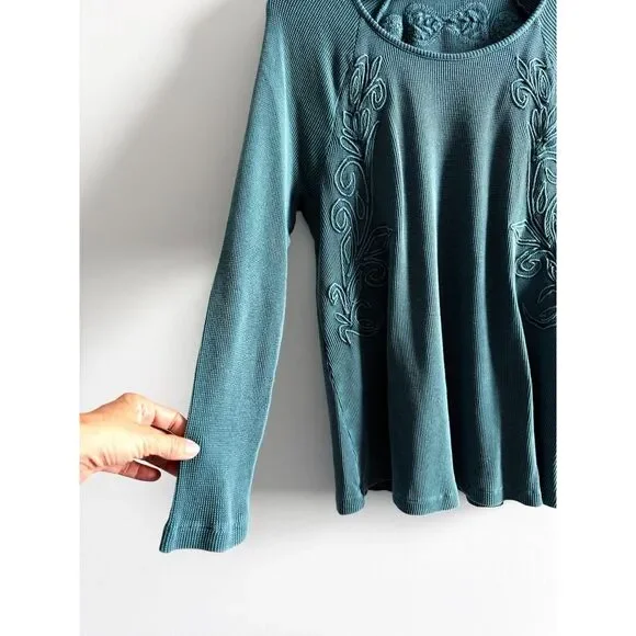 Soft Surroundings Teal Embroidered Waffle Knit Tunic Top Large Long Sleeve Boho - Picture 6 of 8